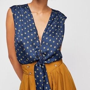 Free People Navy Blue Geometric Print Sleeveless Tie Front Satin Tank Top XS
